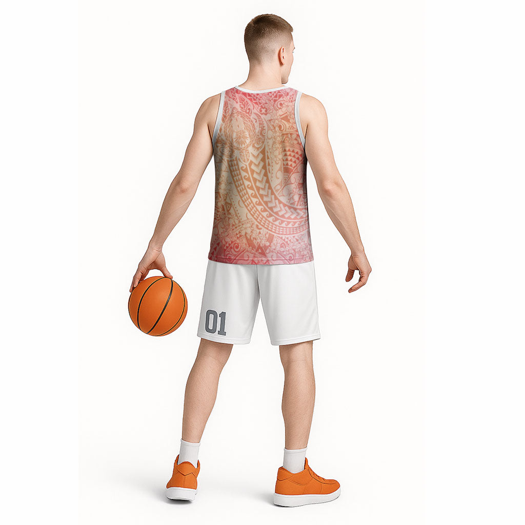 Hawaiian Turtles and Leis Basketball Jersey Tribal Kakau Pattern Peach Fuzz Color LT03 - Polynesian Pride