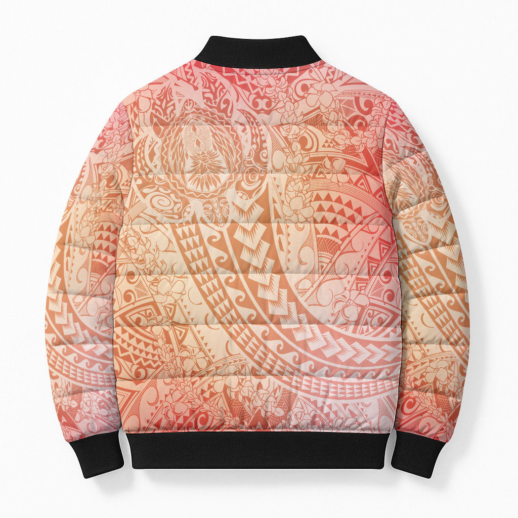 Hawaiian Turtles and Leis Bomber Puffer Jacket Tribal Kakau Pattern Peach Fuzz Color LT03 - Polynesian Pride