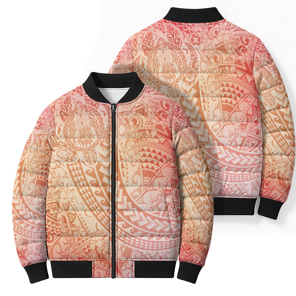 Hawaiian Turtles and Leis Bomber Puffer Jacket Tribal Kakau Pattern Peach Fuzz Color LT03 - Polynesian Pride