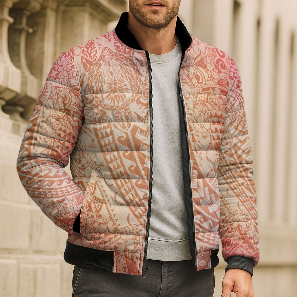 Hawaiian Turtles and Leis Bomber Puffer Jacket Tribal Kakau Pattern Peach Fuzz Color LT03 - Polynesian Pride