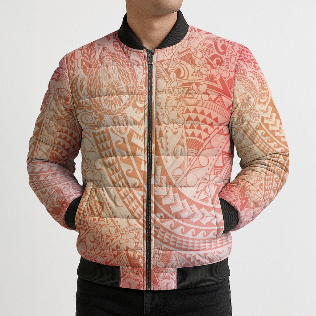 Hawaiian Turtles and Leis Bomber Puffer Jacket Tribal Kakau Pattern Peach Fuzz Color LT03 - Polynesian Pride
