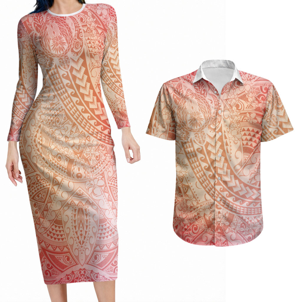 Hawaiian Turtles and Leis Couples Matching Long Sleeve Bodycon Dress and Hawaiian Shirt Tribal Kakau Pattern Peach Fuzz Color LT03 Peach Fuzz - Polynesian Pride