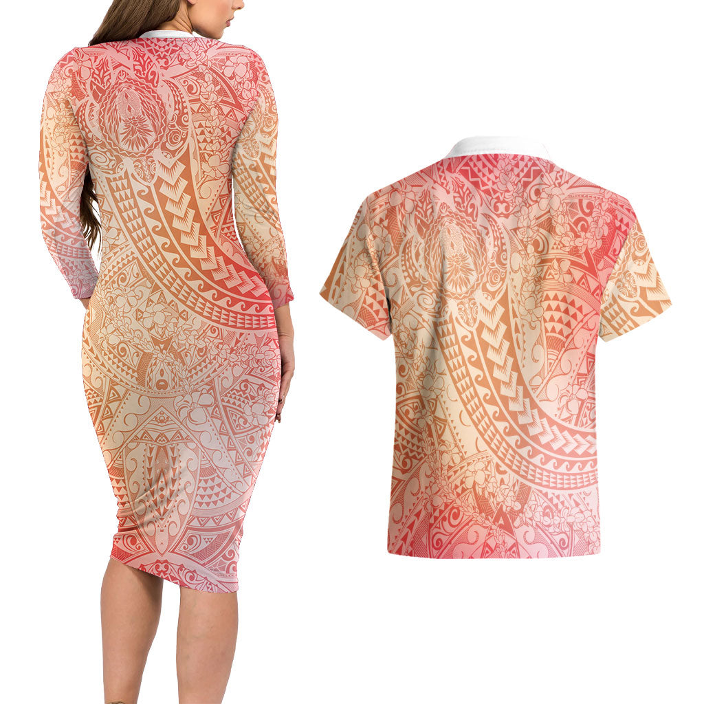 Hawaiian Turtles and Leis Couples Matching Long Sleeve Bodycon Dress and Hawaiian Shirt Tribal Kakau Pattern Peach Fuzz Color LT03 - Polynesian Pride