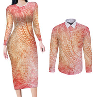 Hawaiian Turtles and Leis Couples Matching Long Sleeve Bodycon Dress and Long Sleeve Button Shirt Tribal Kakau Pattern Peach Fuzz Color LT03 Peach Fuzz - Polynesian Pride