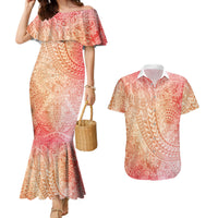 Hawaiian Turtles and Leis Couples Matching Mermaid Dress and Hawaiian Shirt Tribal Kakau Pattern Peach Fuzz Color LT03 Peach Fuzz - Polynesian Pride