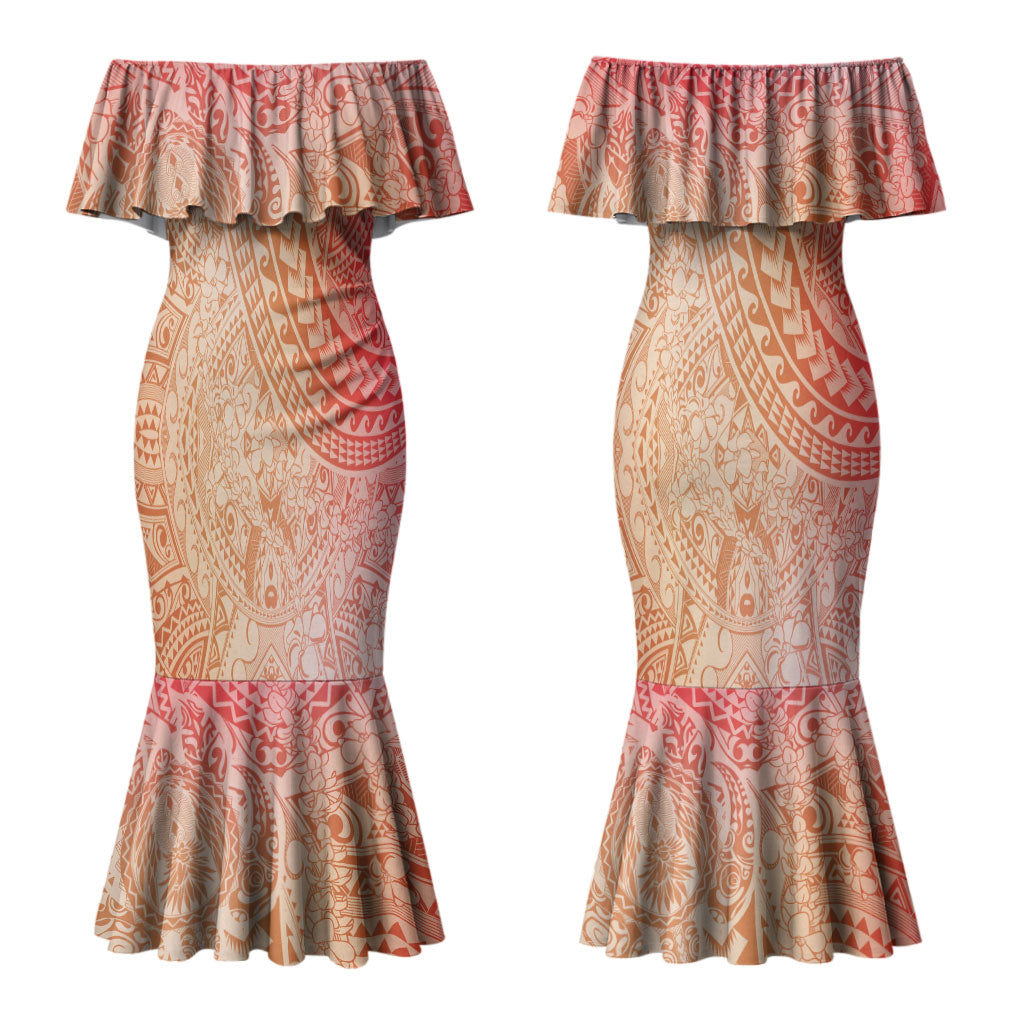 Hawaiian Turtles and Leis Couples Matching Mermaid Dress and Hawaiian Shirt Tribal Kakau Pattern Peach Fuzz Color LT03 - Polynesian Pride