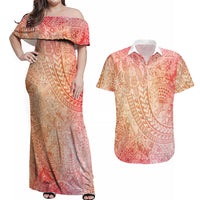 Hawaiian Turtles and Leis Couples Matching Off Shoulder Maxi Dress and Hawaiian Shirt Tribal Kakau Pattern Peach Fuzz Color LT03 Peach Fuzz - Polynesian Pride