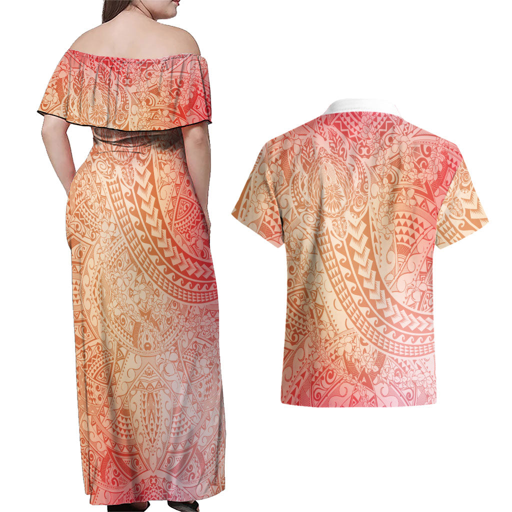 Hawaiian Turtles and Leis Couples Matching Off Shoulder Maxi Dress and Hawaiian Shirt Tribal Kakau Pattern Peach Fuzz Color LT03 - Polynesian Pride