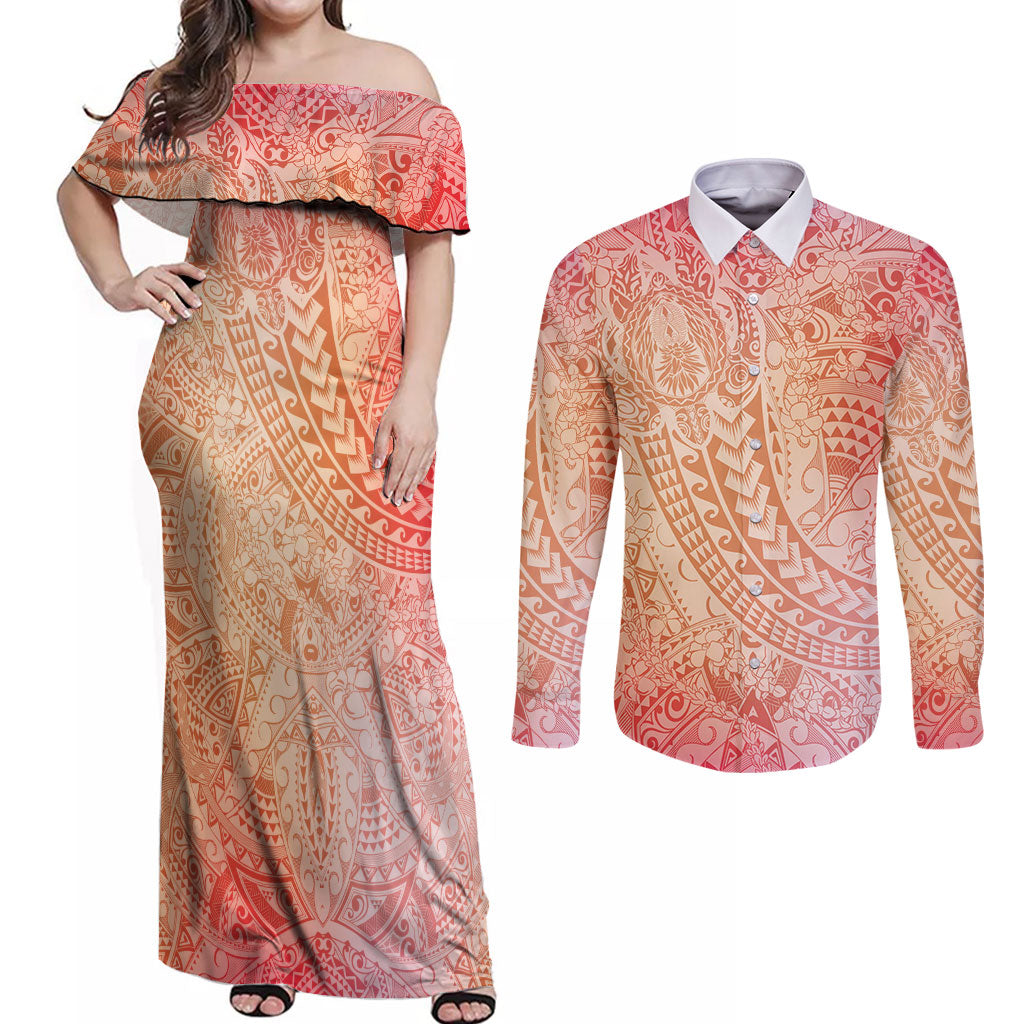 Hawaiian Turtles and Leis Couples Matching Off Shoulder Maxi Dress and Long Sleeve Button Shirt Tribal Kakau Pattern Peach Fuzz Color LT03 Peach Fuzz - Polynesian Pride
