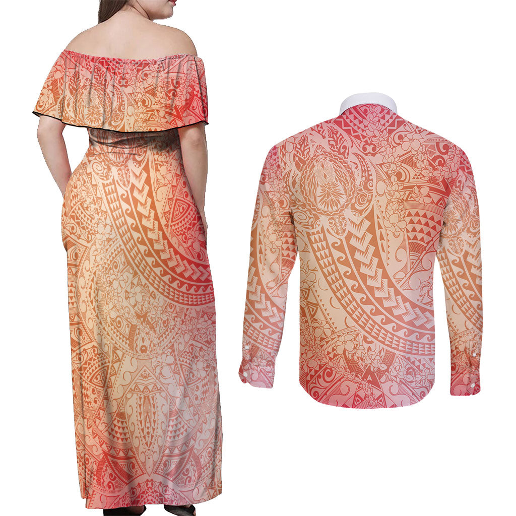 Hawaiian Turtles and Leis Couples Matching Off Shoulder Maxi Dress and Long Sleeve Button Shirt Tribal Kakau Pattern Peach Fuzz Color LT03 - Polynesian Pride