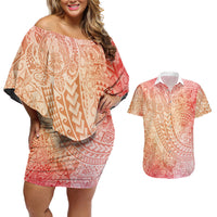 Hawaiian Turtles and Leis Couples Matching Off Shoulder Short Dress and Hawaiian Shirt Tribal Kakau Pattern Peach Fuzz Color LT03 Peach Fuzz - Polynesian Pride