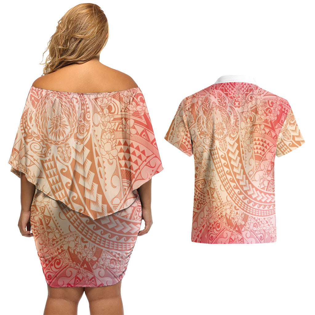 Hawaiian Turtles and Leis Couples Matching Off Shoulder Short Dress and Hawaiian Shirt Tribal Kakau Pattern Peach Fuzz Color LT03 - Polynesian Pride