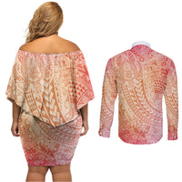 Hawaiian Turtles and Leis Couples Matching Off Shoulder Short Dress and Long Sleeve Button Shirt Tribal Kakau Pattern Peach Fuzz Color LT03 - Polynesian Pride