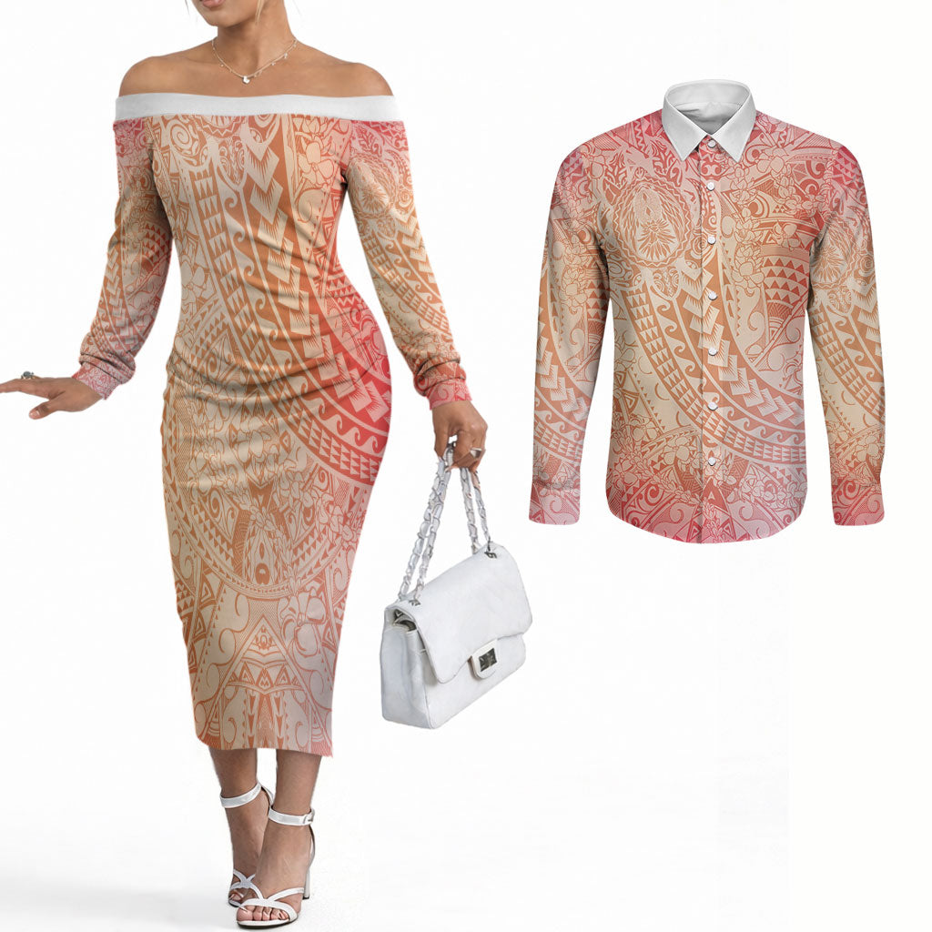 Hawaiian Turtles and Leis Couples Matching Off The Shoulder Long Sleeve Dress and Long Sleeve Button Shirt Tribal Kakau Pattern Peach Fuzz Color LT03 Peach Fuzz - Polynesian Pride