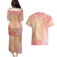 Hawaiian Turtles and Leis Couples Matching Puletasi and Hawaiian Shirt Tribal Kakau Pattern Peach Fuzz Color LT03 - Polynesian Pride