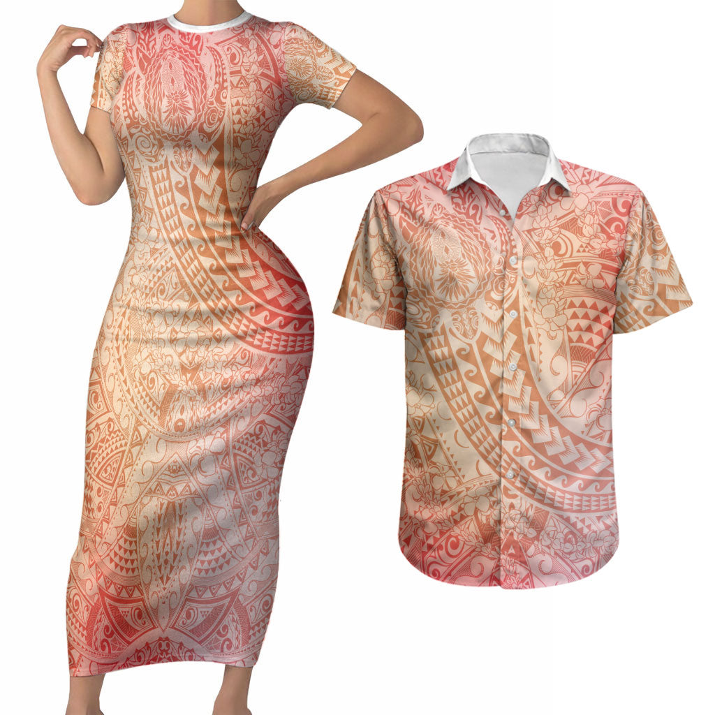 Hawaiian Turtles and Leis Couples Matching Short Sleeve Bodycon Dress and Hawaiian Shirt Tribal Kakau Pattern Peach Fuzz Color LT03 Peach Fuzz - Polynesian Pride