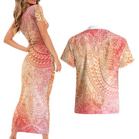 Hawaiian Turtles and Leis Couples Matching Short Sleeve Bodycon Dress and Hawaiian Shirt Tribal Kakau Pattern Peach Fuzz Color LT03 - Polynesian Pride
