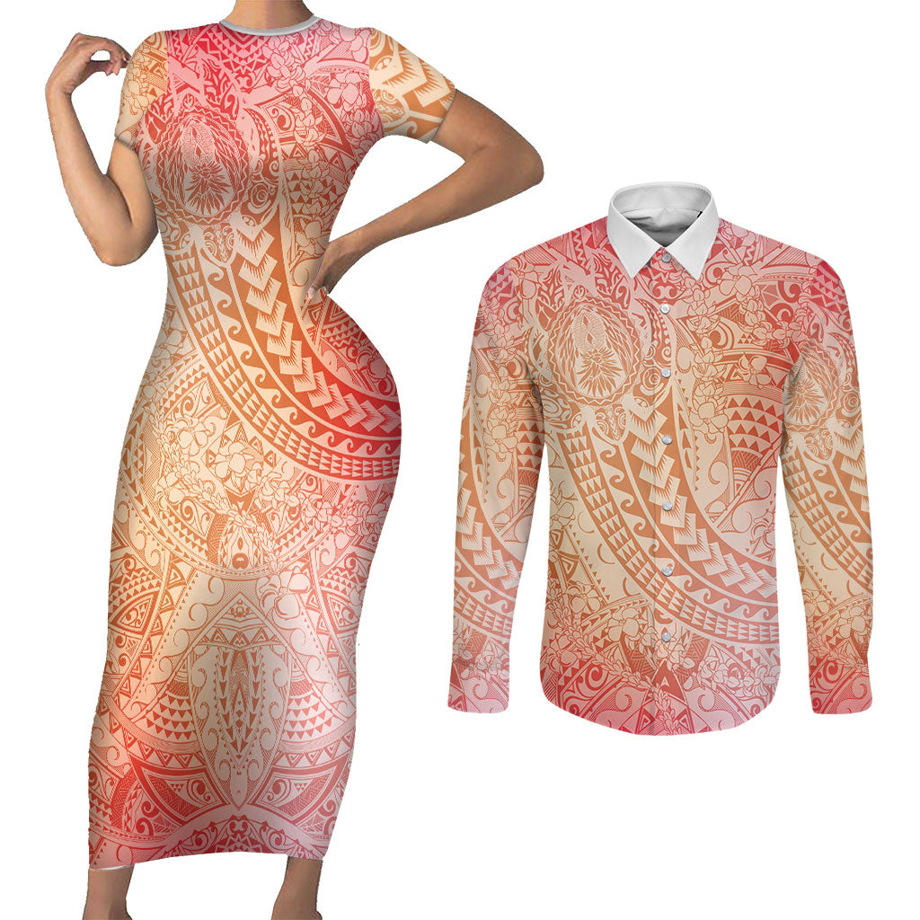 Hawaiian Turtles and Leis Couples Matching Short Sleeve Bodycon Dress and Long Sleeve Button Shirt Tribal Kakau Pattern Peach Fuzz Color LT03 Peach Fuzz - Polynesian Pride