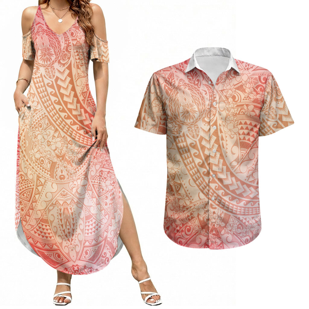 Hawaiian Turtles and Leis Couples Matching Summer Maxi Dress and Hawaiian Shirt Tribal Kakau Pattern Peach Fuzz Color LT03 Peach Fuzz - Polynesian Pride