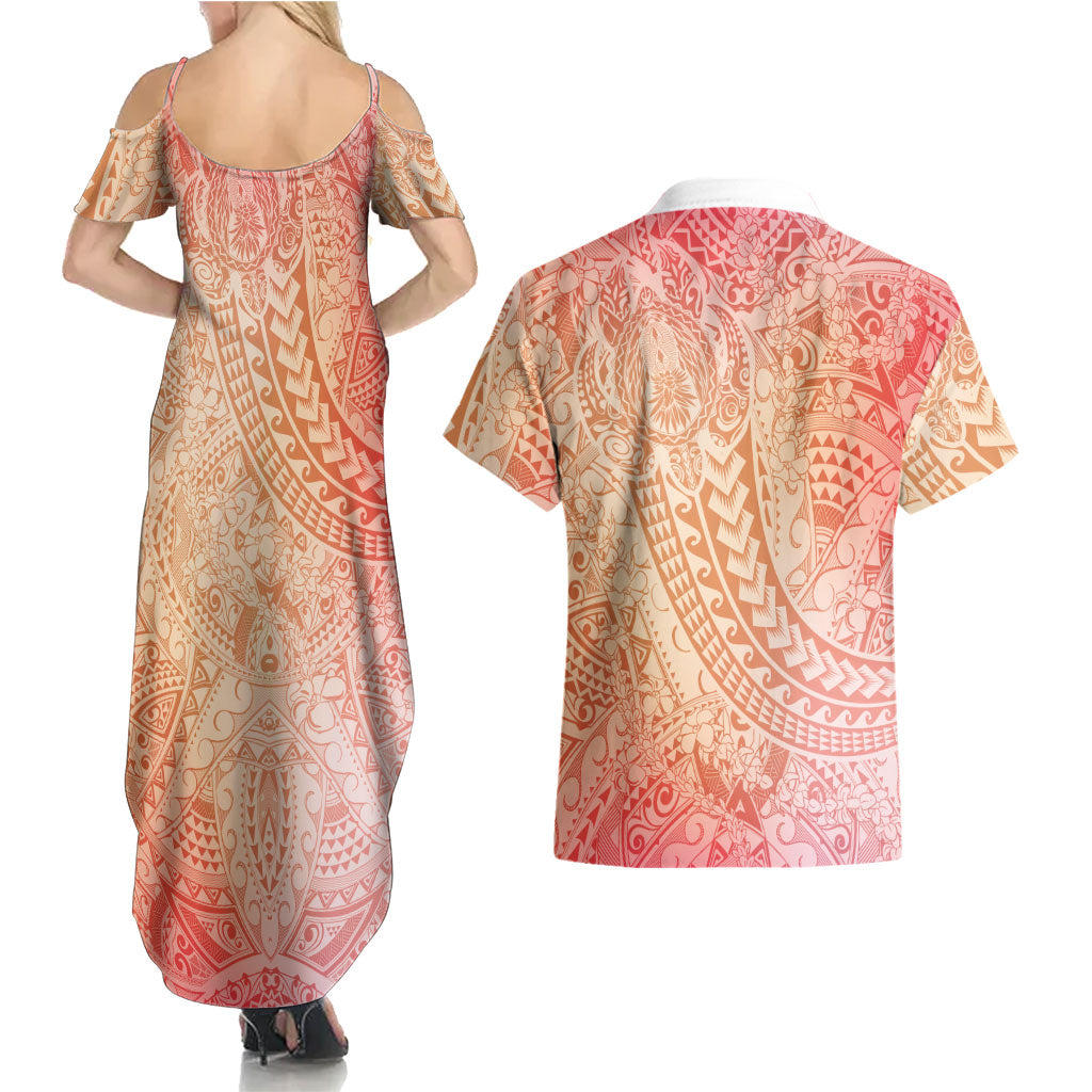 Hawaiian Turtles and Leis Couples Matching Summer Maxi Dress and Hawaiian Shirt Tribal Kakau Pattern Peach Fuzz Color LT03 - Polynesian Pride