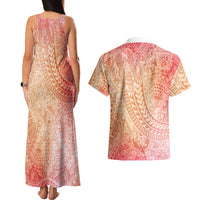 Hawaiian Turtles and Leis Couples Matching Tank Maxi Dress and Hawaiian Shirt Tribal Kakau Pattern Peach Fuzz Color LT03 - Polynesian Pride