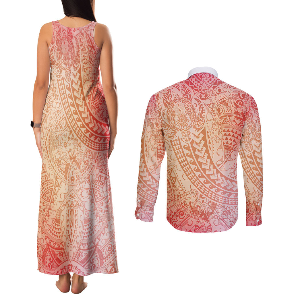 Hawaiian Turtles and Leis Couples Matching Tank Maxi Dress and Long Sleeve Button Shirt Tribal Kakau Pattern Peach Fuzz Color LT03 - Polynesian Pride
