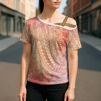 Hawaiian Turtles and Leis Cross Shoulder Shirt Tribal Kakau Pattern Peach Fuzz Color LT03 - Polynesian Pride