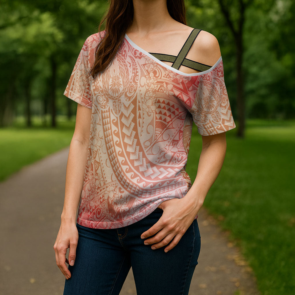 Hawaiian Turtles and Leis Cross Shoulder Shirt Tribal Kakau Pattern Peach Fuzz Color LT03 - Polynesian Pride