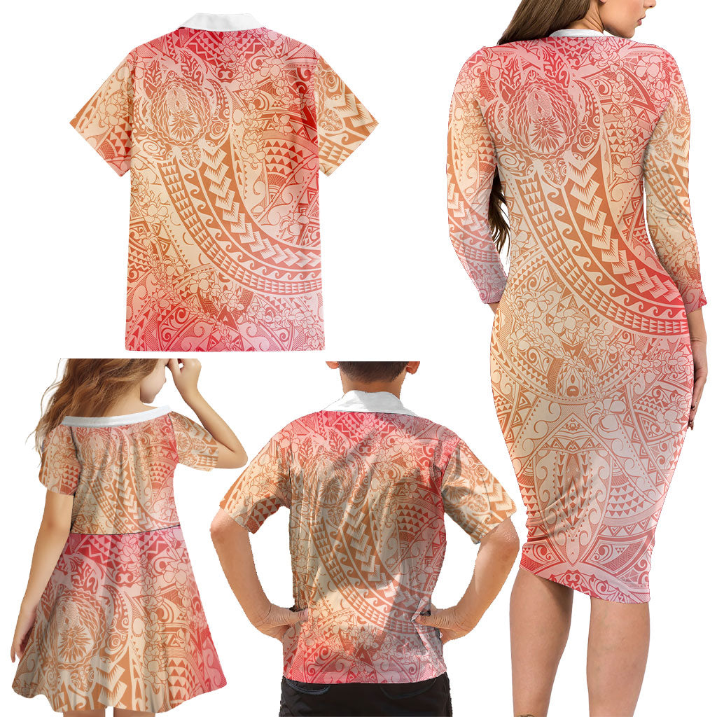 Hawaiian Turtles and Leis Family Matching Long Sleeve Bodycon Dress and Hawaiian Shirt Tribal Kakau Pattern Peach Fuzz Color LT03 - Polynesian Pride