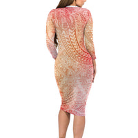Hawaiian Turtles and Leis Family Matching Long Sleeve Bodycon Dress and Hawaiian Shirt Tribal Kakau Pattern Peach Fuzz Color LT03 - Polynesian Pride