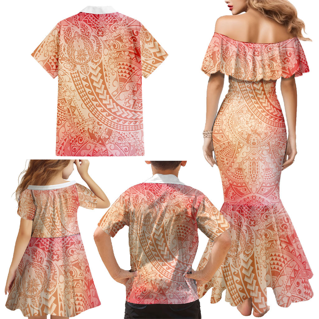 Hawaiian Turtles and Leis Family Matching Mermaid Dress and Hawaiian Shirt Tribal Kakau Pattern Peach Fuzz Color LT03 - Polynesian Pride