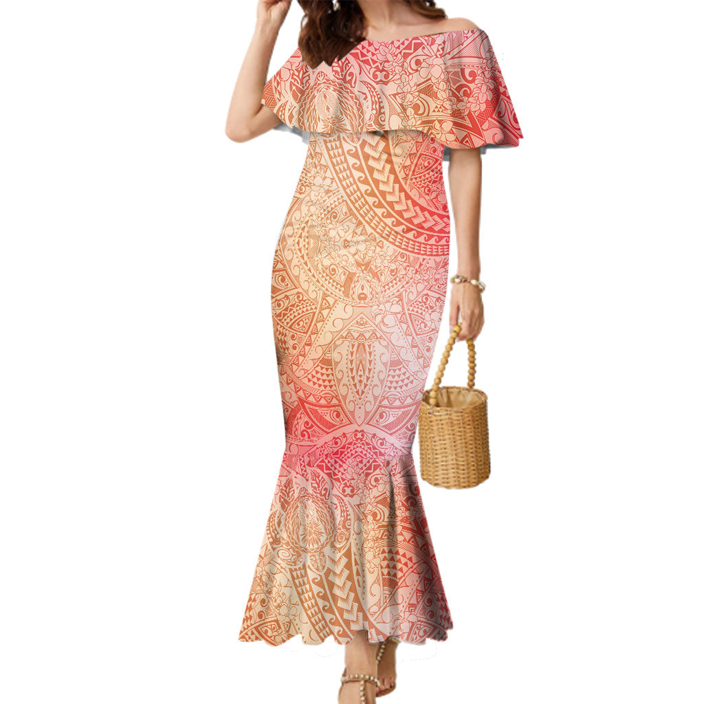 Hawaiian Turtles and Leis Family Matching Mermaid Dress and Hawaiian Shirt Tribal Kakau Pattern Peach Fuzz Color LT03 Mom's Dress Peach Fuzz - Polynesian Pride