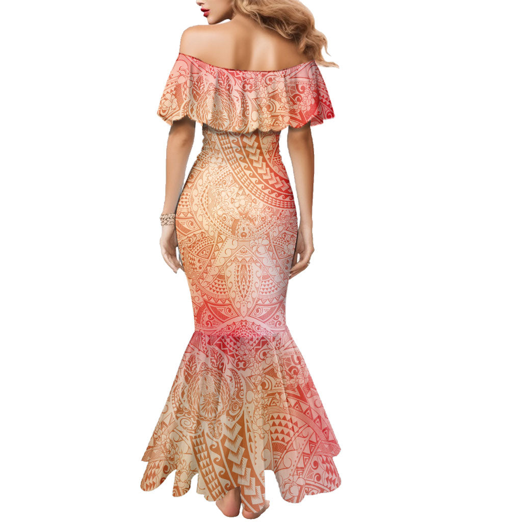 Hawaiian Turtles and Leis Family Matching Mermaid Dress and Hawaiian Shirt Tribal Kakau Pattern Peach Fuzz Color LT03 - Polynesian Pride