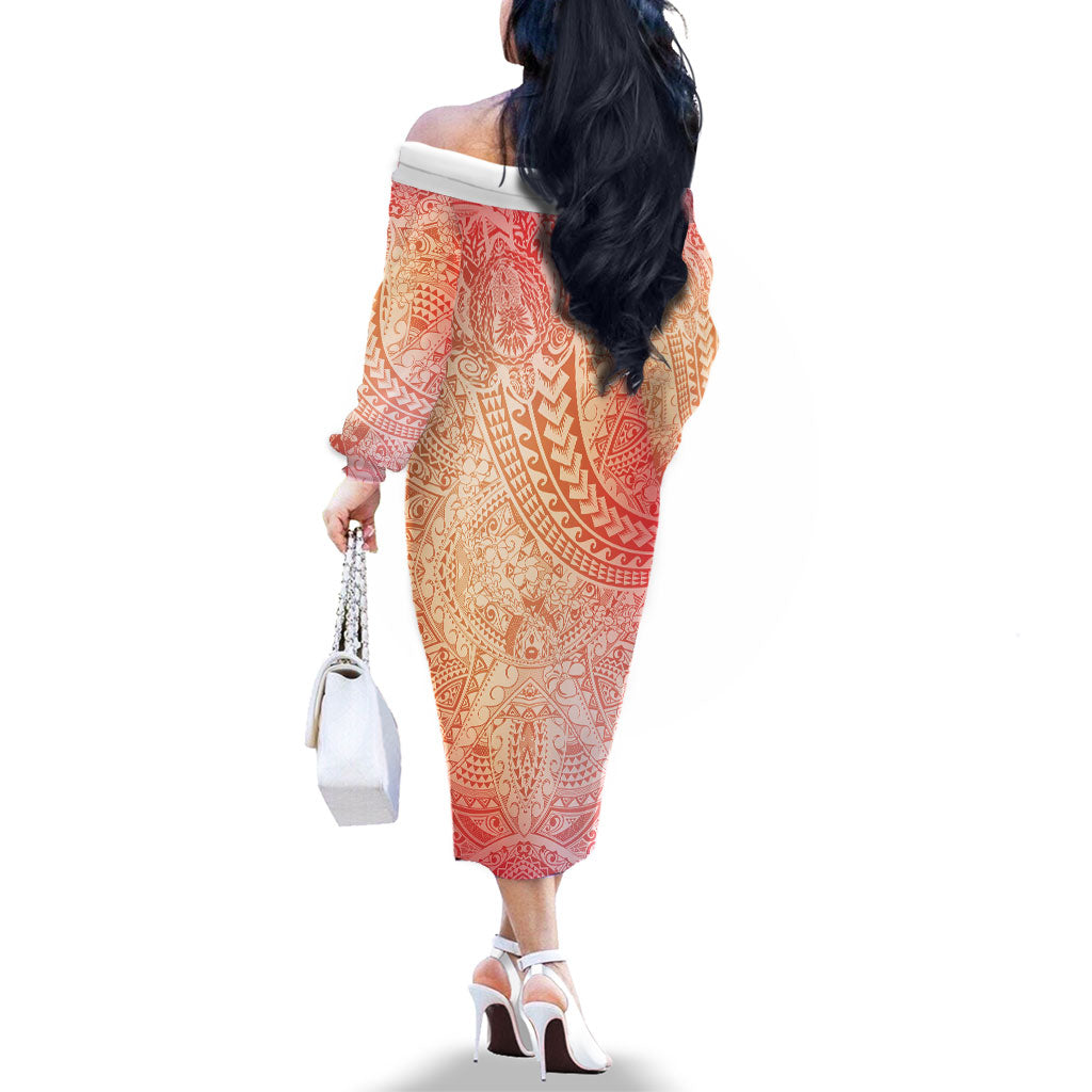Hawaiian Turtles and Leis Family Matching Off The Shoulder Long Sleeve Dress and Hawaiian Shirt Tribal Kakau Pattern Peach Fuzz Color LT03 - Polynesian Pride