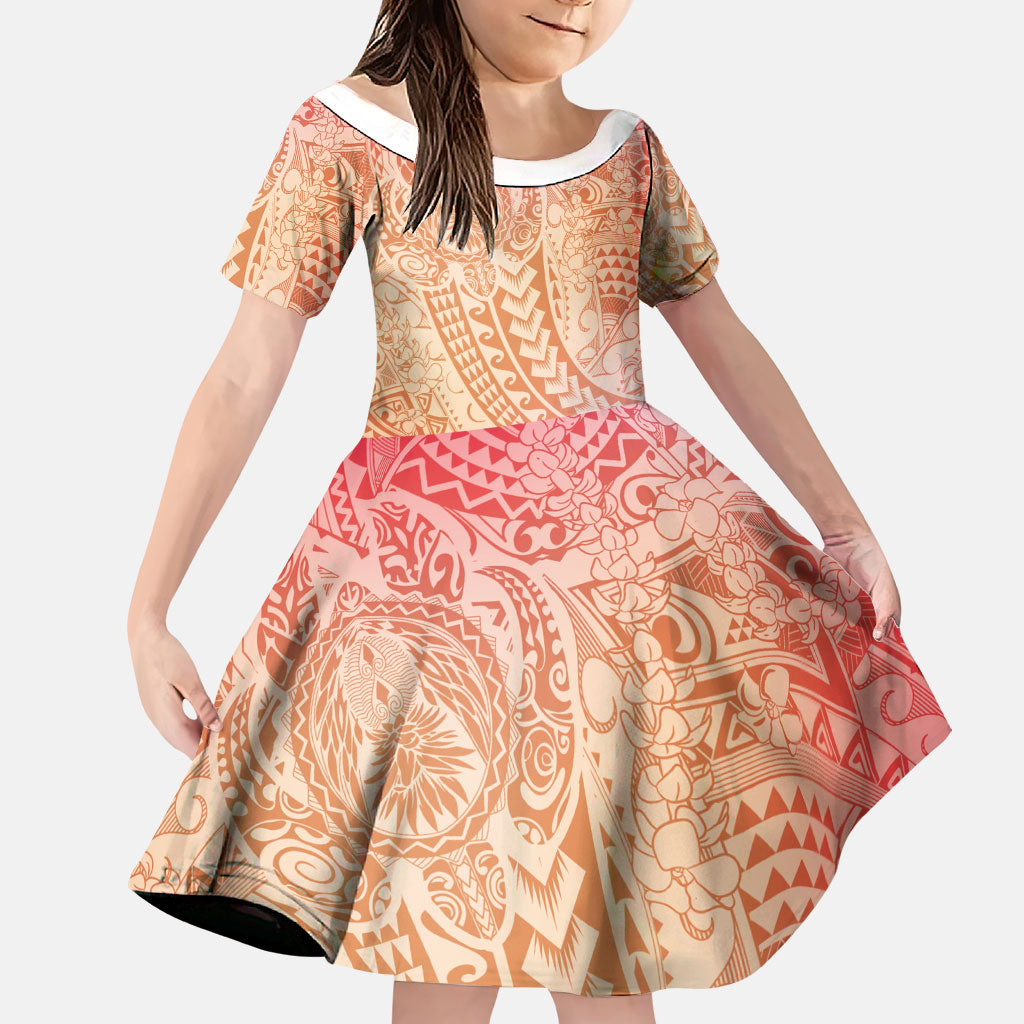 Hawaiian Turtles and Leis Family Matching Off Shoulder Maxi Dress and Hawaiian Shirt Tribal Kakau Pattern Peach Fuzz Color LT03 Daughter's Dress Peach Fuzz - Polynesian Pride