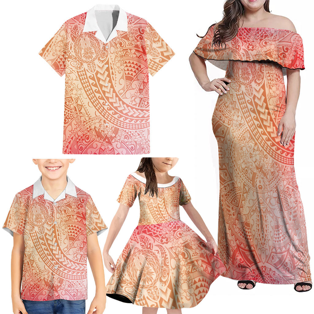 Hawaiian Turtles and Leis Family Matching Off Shoulder Maxi Dress and Hawaiian Shirt Tribal Kakau Pattern Peach Fuzz Color LT03 - Polynesian Pride