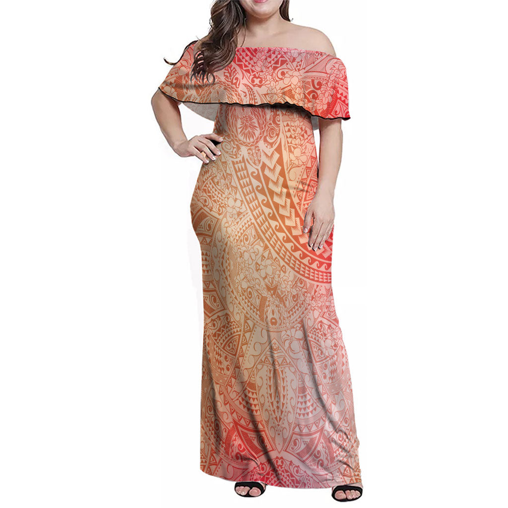 Hawaiian Turtles and Leis Family Matching Off Shoulder Maxi Dress and Hawaiian Shirt Tribal Kakau Pattern Peach Fuzz Color LT03 Mom's Dress Peach Fuzz - Polynesian Pride