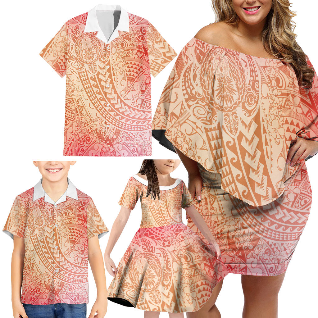Hawaiian Turtles and Leis Family Matching Off Shoulder Short Dress and Hawaiian Shirt Tribal Kakau Pattern Peach Fuzz Color LT03 - Polynesian Pride