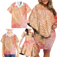 Hawaiian Turtles and Leis Family Matching Off Shoulder Short Dress and Hawaiian Shirt Tribal Kakau Pattern Peach Fuzz Color LT03 - Polynesian Pride
