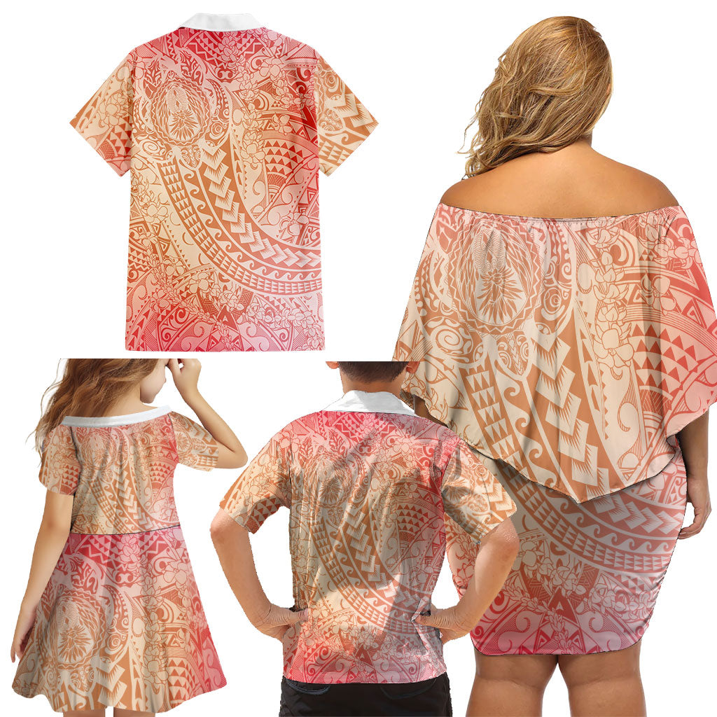 Hawaiian Turtles and Leis Family Matching Off Shoulder Short Dress and Hawaiian Shirt Tribal Kakau Pattern Peach Fuzz Color LT03 - Polynesian Pride