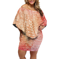 Hawaiian Turtles and Leis Family Matching Off Shoulder Short Dress and Hawaiian Shirt Tribal Kakau Pattern Peach Fuzz Color LT03 Mom's Dress Peach Fuzz - Polynesian Pride