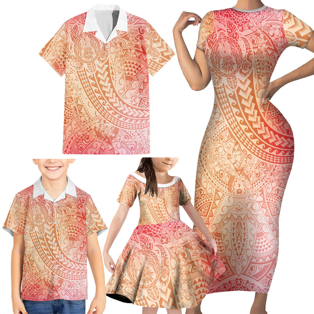 Hawaiian Turtles and Leis Family Matching Short Sleeve Bodycon Dress and Hawaiian Shirt Tribal Kakau Pattern Peach Fuzz Color LT03 - Polynesian Pride