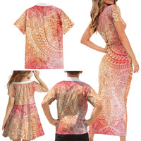 Hawaiian Turtles and Leis Family Matching Short Sleeve Bodycon Dress and Hawaiian Shirt Tribal Kakau Pattern Peach Fuzz Color LT03 - Polynesian Pride