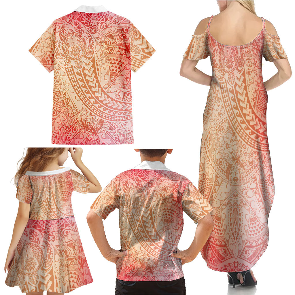 Hawaiian Turtles and Leis Family Matching Summer Maxi Dress and Hawaiian Shirt Tribal Kakau Pattern Peach Fuzz Color LT03 - Polynesian Pride