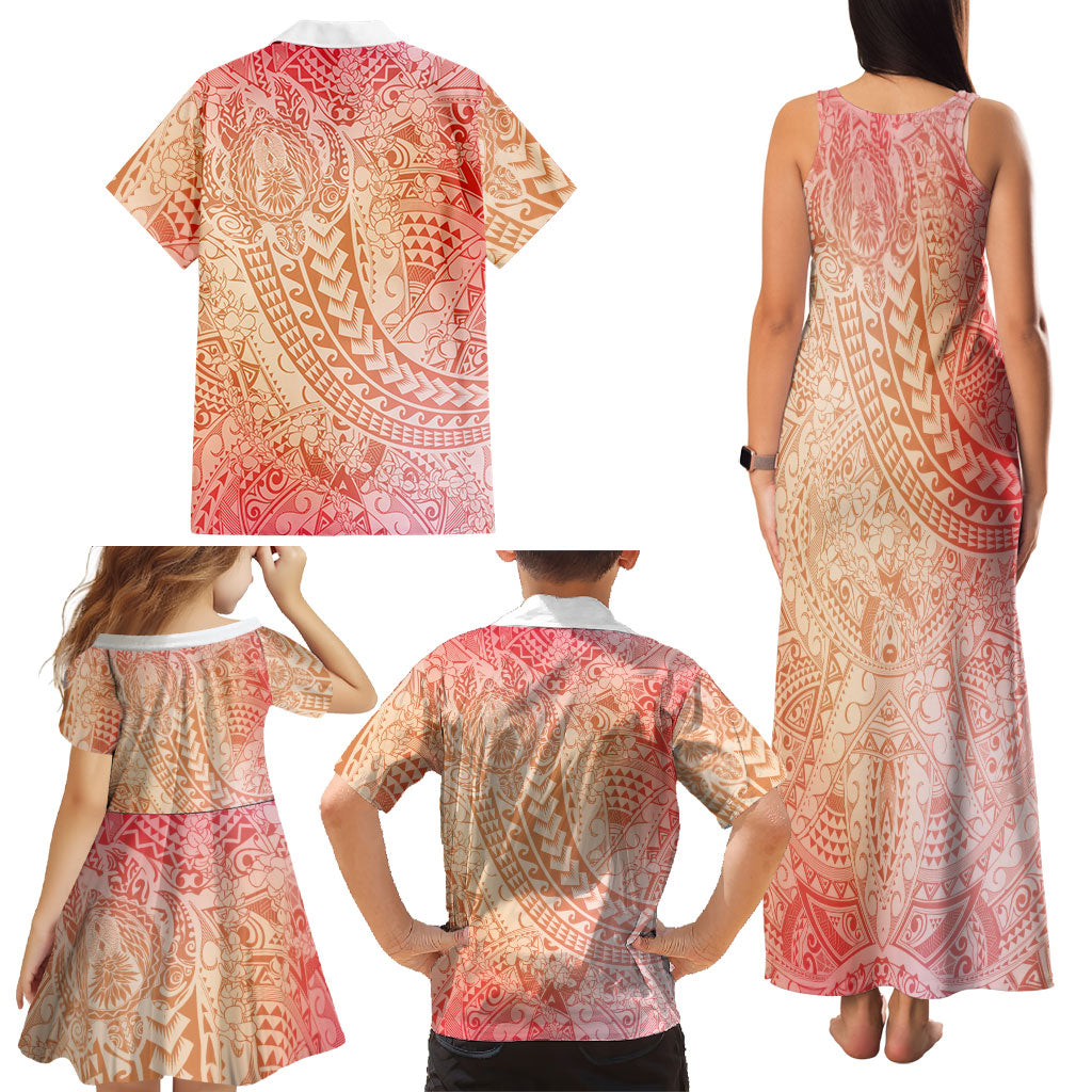 Hawaiian Turtles and Leis Family Matching Tank Maxi Dress and Hawaiian Shirt Tribal Kakau Pattern Peach Fuzz Color LT03 - Polynesian Pride