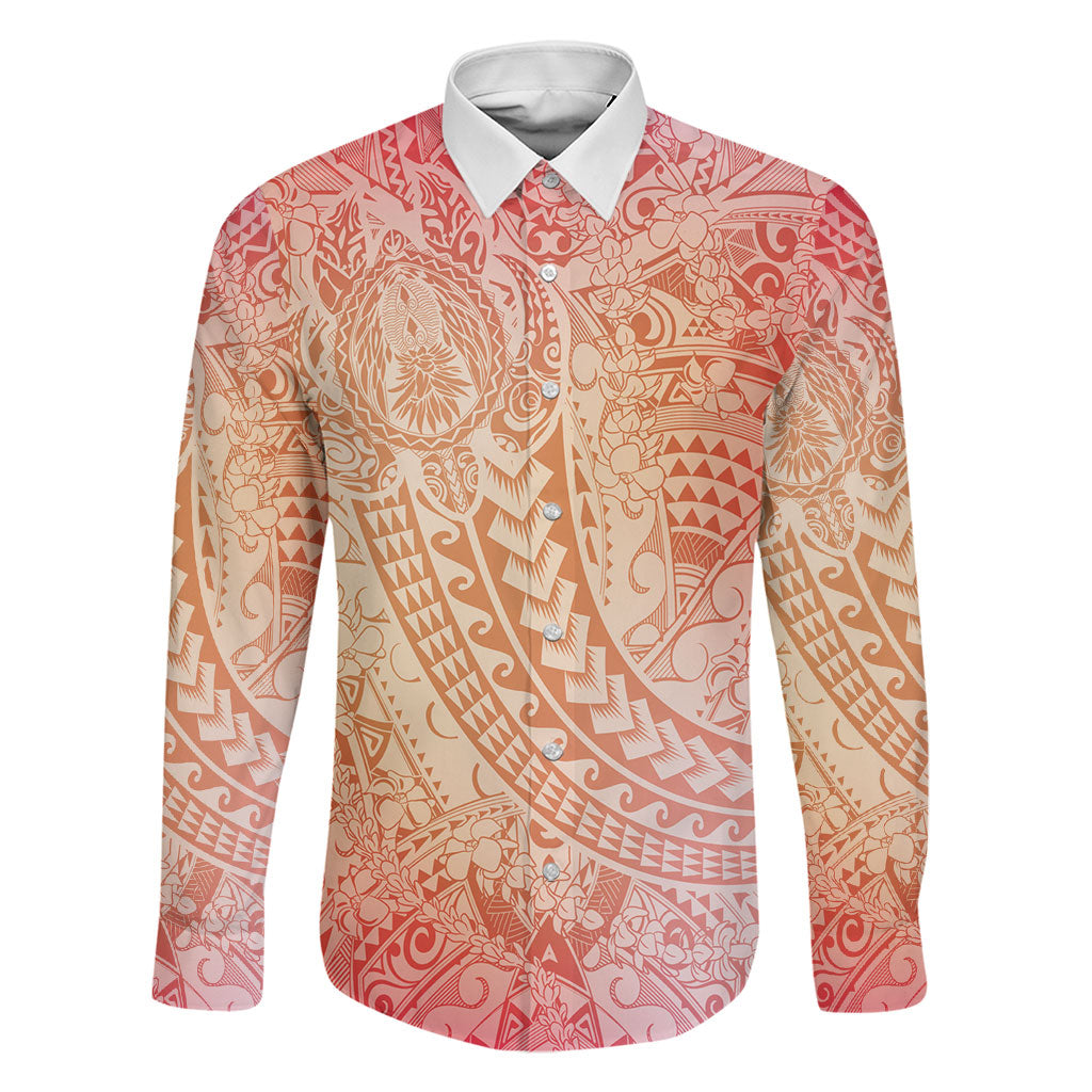 Hawaiian Turtles and Leis Family Matching Tank Maxi Dress and Hawaiian Shirt Tribal Kakau Pattern Peach Fuzz Color LT03 Dad's Shirt - Long Sleeve Peach Fuzz - Polynesian Pride