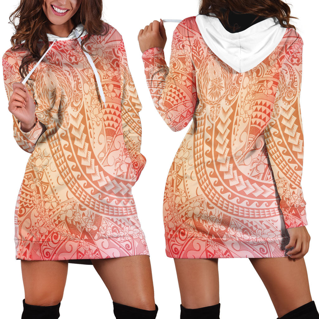 Hawaiian Turtles and Leis Hoodie Dress Tribal Kakau Pattern Peach Fuzz Color LT03 - Polynesian Pride