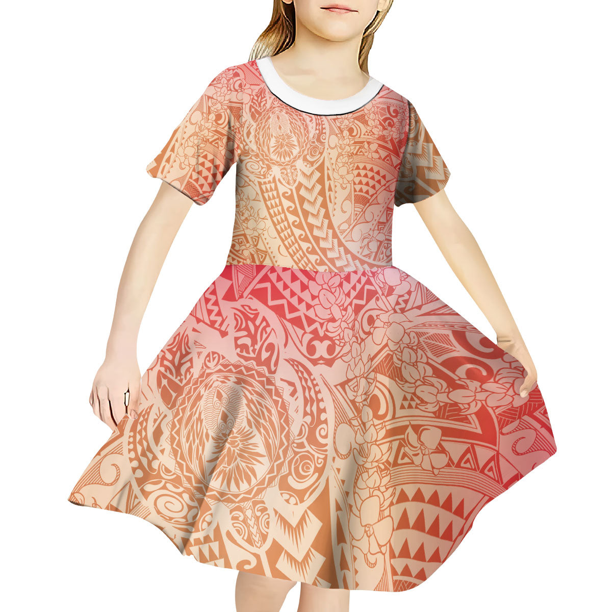Hawaiian Turtles and Leis Kid Short Sleeve Dress Tribal Kakau Pattern Peach Fuzz Color LT03 - Polynesian Pride