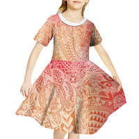 Hawaiian Turtles and Leis Kid Short Sleeve Dress Tribal Kakau Pattern Peach Fuzz Color LT03 - Polynesian Pride