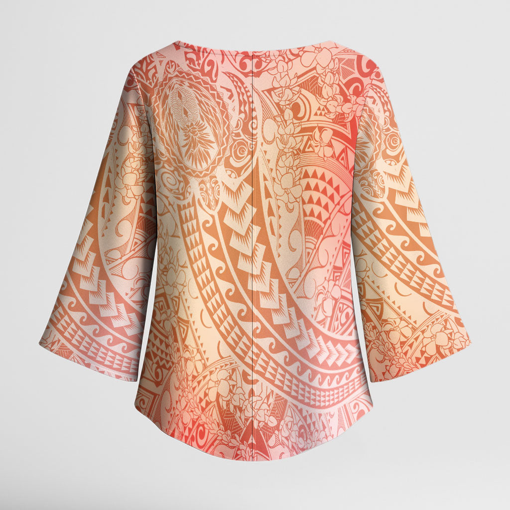 Hawaiian Turtles and Leis Kimono Sleeve Blouse Tribal Kakau Pattern Peach Fuzz Color LT03 - Polynesian Pride